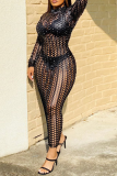 Blue Sexy Patchwork See-through Half A Turtleneck Pencil Skirt Dresses