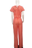 Red Fashion Casual Print Striped Patchwork bandage Polyester Short Sleeve O Neck Jumpsuits