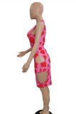Pink Fashion Sexy Print Hollowed Out U Neck Vest Dress