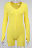 Yellow Sportswear Solid Buttons O Neck Regular Jumpsuits