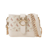 Rice White Fashion Chain Stitching Printed Shoulder Messenger Bag