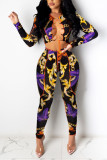 Purple Sexy Print Bandage Hollowed Out O Neck Long Sleeve Two Pieces