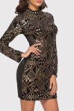 Gold Fashion Sexy Embroidery Sequins Patchwork Half A Turtleneck Long Sleeve Dresses
