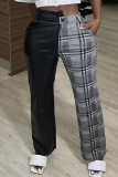 Grey Fashion Casual Plaid Print Mid WaistPatchwork Trousers