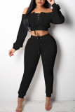 Black venetian Sexy Solid Bandage Two Piece Suits pencil Long Sleeve Two Pieces