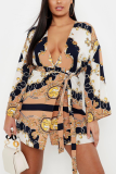 Yellow Casual Print Bandage V Neck One-piece Suits Dresses
