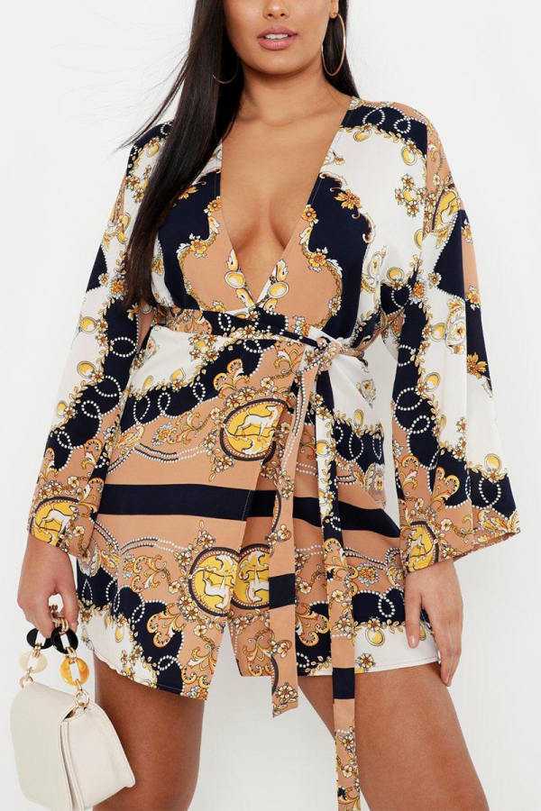 Yellow Casual Print Bandage V Neck One-piece Suits Dresses