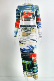 Multicolor Casual Print Patchwork Half A Turtleneck Long Sleeve Two Pieces