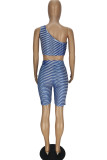 Light Purple Sexy Sportswear Print Hollowed Out Backless One Shoulder Sleeveless Two Pieces