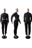 Black Street Solid Split Joint Draw String O Neck Long Sleeve Two Pieces