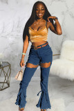 Light Blue Denim Button Fly Sleeveless High Patchwork washing Hole Solid bandage Boot Cut Pants