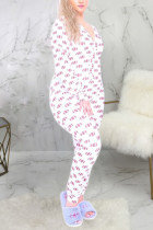 White Sexy Print Polyester Long Sleeve V Neck Jumpsuits
