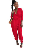 Red street Solid Patchwork Polyester Long Sleeve V Neck Jumpsuits