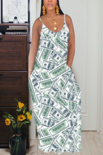 Green Cotton Fashion Casual Grey Green Yellow Spaghetti Strap Sleeveless Slip Swagger Floor-Length Print Dresses