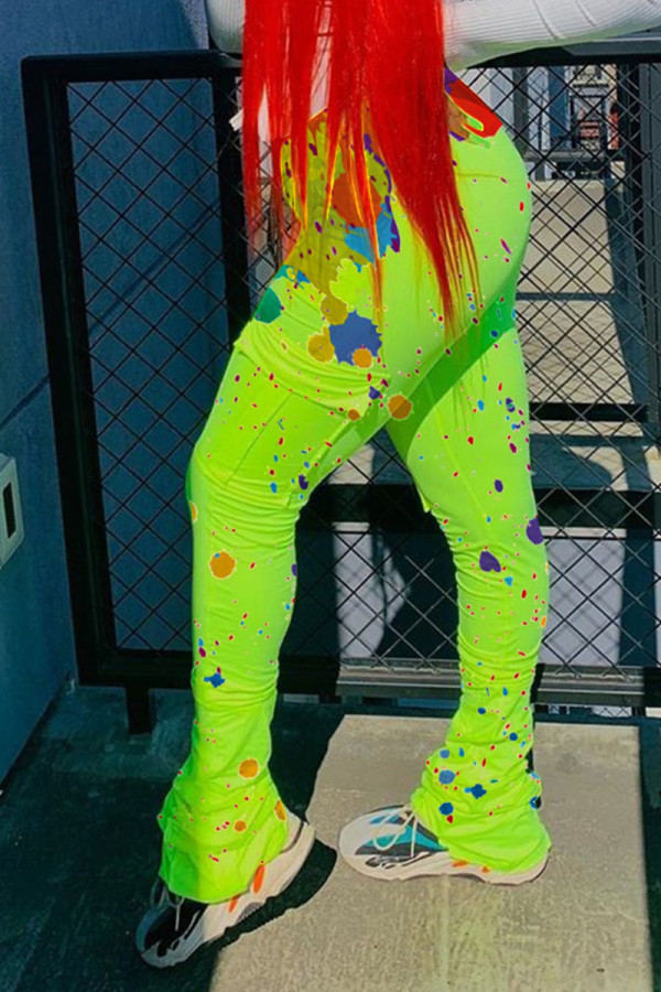 Fluorescent Green Casual Print Fold Regular High Waist Speaker Bottoms