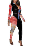 Leopard print Fashion Street Adult Twilled Satin Patchwork Print Split Joint O Neck Skinny Jumpsuits