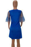 Navy Blue Sexy Fashion Cap Sleeve Half Sleeves O neck A-Line Knee-Length Print Patchwork Print Dresses