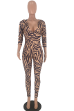 Brown Sexy Leopard Patchwork V Neck Skinny Jumpsuits