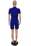 Royal blue Fashion Casual Solid crop top Letter Two Piece Suits Slim fit Skinny Short Sleeve Two-Pie
