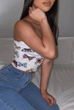 White Wrapped chest Sleeveless Patchwork Print backless Tops