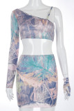 Grey Celebrities Print Floral Oblique Collar Long Sleeve Two Pieces