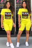 Black Polyester Fashion adult Street Letter Patchwork Print Two Piece Suits Straight Short Sleeve Two Pieces