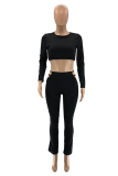 Black Sexy Solid Hollowed Out O Neck Long Sleeve Two Pieces
