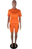 Orange Polyester Fashion Sexy Two Piece Suits Solid asymmetrical Regular Short Sleeve Two-Piece Short Set