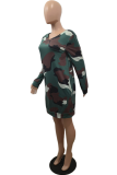 Blue Street Camouflage Print Split Joint V Neck Lantern Skirt Dresses