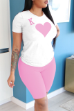 Pink Casual Print Patchwork O Neck Short Sleeve Two Pieces