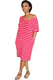 Red Polyester Sweet Fashion adult Cap Sleeve Short Sleeves O neck Step Skirt Knee-Length Striped Patchwo