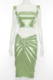 Green Casual Patchwork Frenulum Backless With Bow Spaghetti Strap Straight Dresses