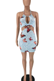 Sky Blue Sexy Print Hollowed Out Make Old Patchwork Spaghetti Strap Pencil Skirt Dresses