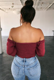 White V Neck Long Sleeve Patchwork crop top Solid