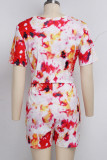 Pink Polyester Fashion Sexy adult Ma'am Patchwork Print Two Piece Suits Straight Short Sleeve Two Pieces
