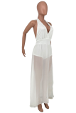 White Sexy Solid See-through Halter Mesh Dress