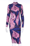 Colour Sexy Print Asymmetrical O Neck Pencil Skirt Dresses