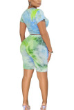 Turquoise Fashion adult England Ma'am Print Tie Dye Two Piece Suits pencil Short Sleeve Two Pieces