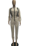 Khaki Casual Solid zipper Long Sleeve Turndown Collar Jumpsuits