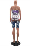 Blue Fashion Sexy Print Backless Strapless Skinny Romper