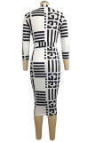 Brown Sexy Fashion Cap Sleeve Long Sleeves O neck Pencil Dress Knee-Length Print chain Patchwork