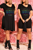 Black Fashion Casual Letter Print Slit V Neck Short Sleeve Two Pieces