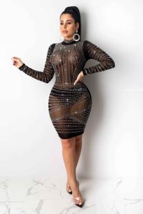Black Polyester Fashion adult Sexy Cap Sleeve Long Sleeves O neck Hip skirt Knee-Length Mesh perspective d