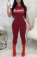 Wine Red Casual Sportswear Letter Print Basic O Neck Skinny Jumpsuits