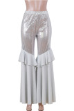 White Polyester Elastic Fly Mid Sequin Solid Loose Pants