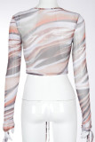 Colour Casual Print Hollowed Out Patchwork Fold With Bow O Neck Mid Waist Tops