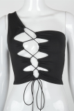 White Sexy Street Solid Split Joint Frenulum One Shoulder Tops