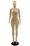 Khaki Fashion Sexy Solid Hollowed Out Backless U Neck Skinny Jumpsuits