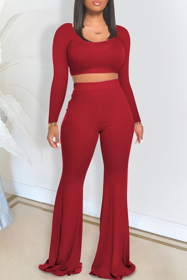 Red Casual Solid Patchwork O Neck Long Sleeve Two Pieces