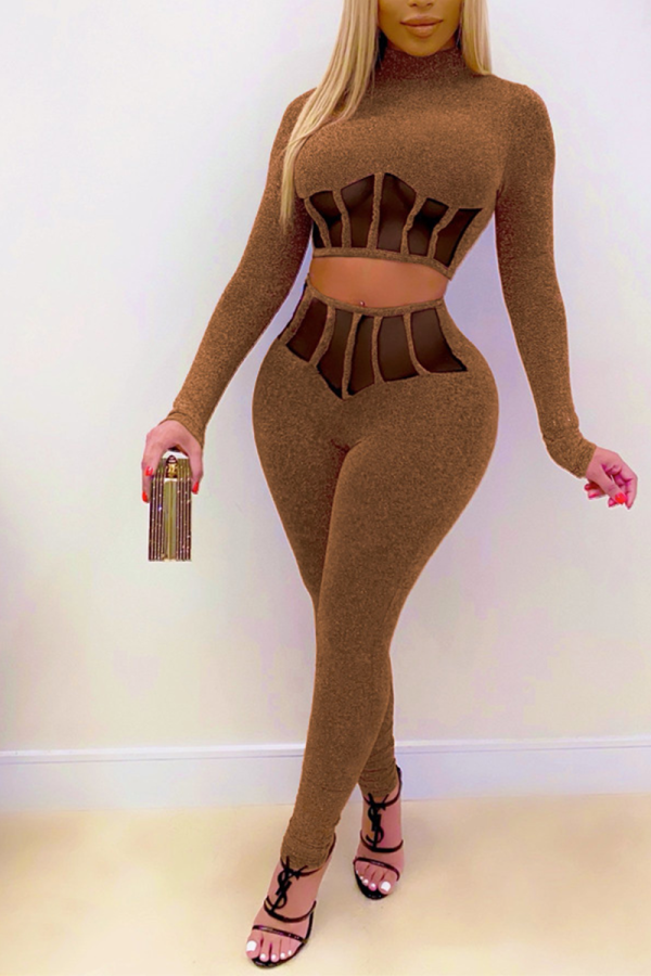 Coffee Casual Solid Patchwork Mesh Half A Turtleneck Long Sleeve Two Pieces